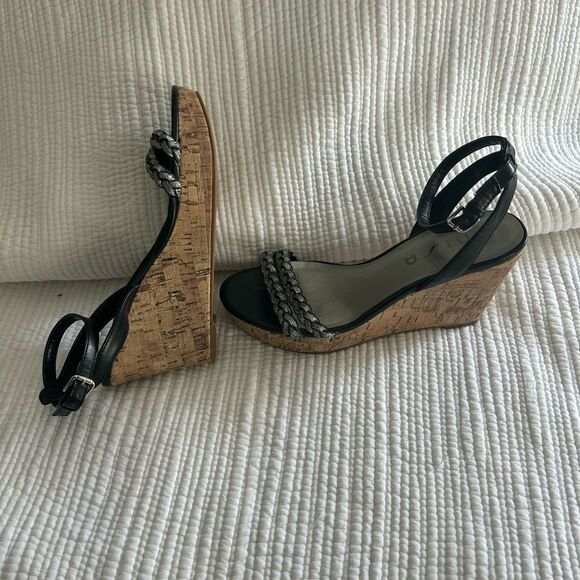Unisa Women's Black & Sparkly Silver Braided Cork Wedge Strappy Sandals Size 8 - Picture 3 of 12